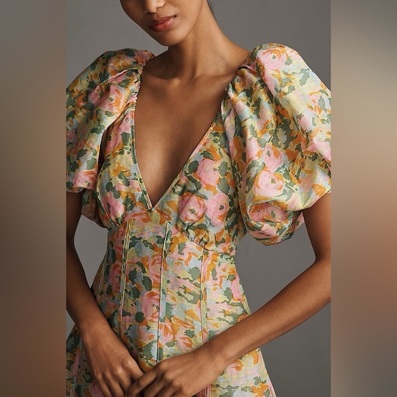 Anthropologie Lovaan Lorna Puff-Sleeve V-Neck Linen-Silk Maxi Dress US6 NWT - Picture 3 of 10